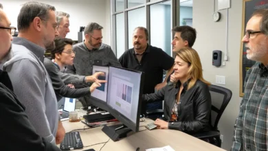 Multiple employees discussing knowledge management system and gathered around a desk