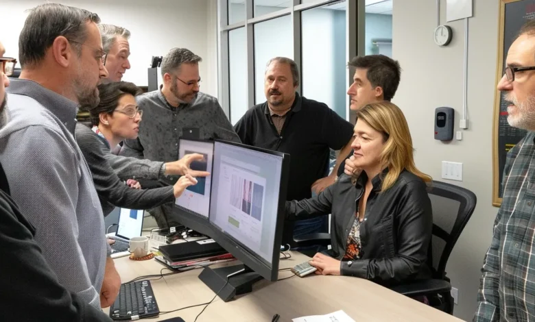 Multiple employees discussing knowledge management system and gathered around a desk